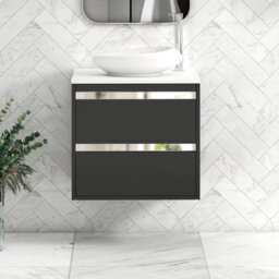 Royal Bathrooms Orion 600mm Matt Obsidian Black Wall Hung Plain White Countertop Vanity Unit 2 Drawer With Nova Basin & Chrome Accent Trim - thumbnail 1