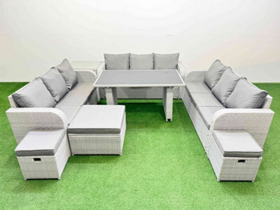 Fimous Patio Garden Furniture Sets With Black Glass Top Dining Table 3 Seater Sofa Side Table 3 Stool Light Grey - image 1