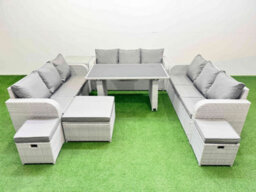 Fimous Patio Garden Furniture Sets With Black Glass Top Dining Table 3 Seater Sofa Side Table 3 Stool Light Grey