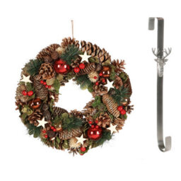 Dibor 36Cm Baubles And Stars Front Door Christmas Wreath With Stag Wreath Hanger - thumbnail 1