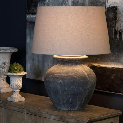 Wholesome Home Large Stone Table Lamp, Grey Distressed Base, Beige Linen Shade, 60 X 60 X 78 Cm - image 1