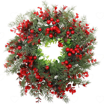 Amorly 40Cm Artificial Christmas Wreath Door Decor, Pine Needle Garland With Red Berries, Festive Ornament For Front Door Wall Fireplace - image 1