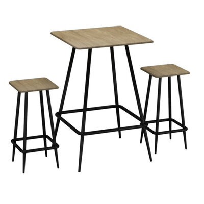 3 Pcs Square Breakfast Bar Table & 2 Stools Set Wood Metal Industrial Style Legs Oak - image 1