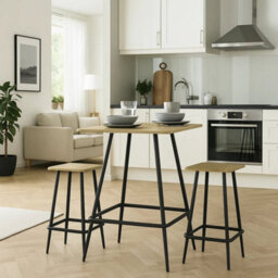3 Pcs Square Breakfast Bar Table & 2 Stools Set Wood Metal Industrial Style Legs Oak - thumbnail 5