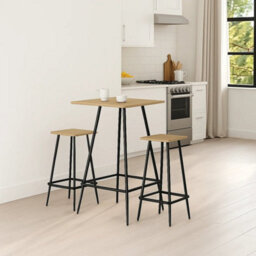 3 Pcs Square Breakfast Bar Table & 2 Stools Set Wood Metal Industrial Style Legs Oak - thumbnail 4