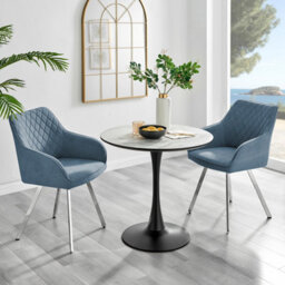Furniturebox Uk Elina White Marble Effect Round Dining Table & 2 Blue Falun Silver Leg Chairs