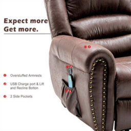 Abrihome Large Power Lift Recliner Chairs With Massage And Heat, Electric Faux Leather Chairs With Usb Port And 2 Side Pockets, Brown - thumbnail 5