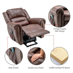 Abrihome Large Power Lift Recliner Chairs With Massage And Heat, Electric Faux Leather Chairs With Usb Port And 2 Side Pockets, Brown - thumbnail 3