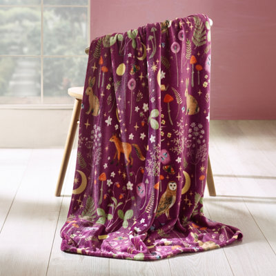 Catherine Lansfield Enchanted Twilight Animals Cosy Fleece 130X170Cm Blanket Throw Plum - image 1