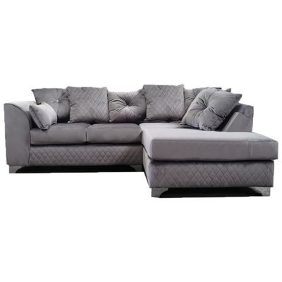 Furnishings For Less UK Victoria Soft Plush Velvet 3 To 4 Seater L Shaped Corner Sofa Grey Right Hand Facing - Scatter Back