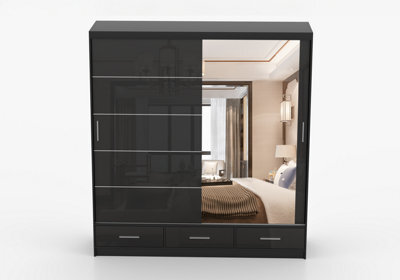 Arte Black Gloss Sliding Wardrobe With Mirror 203Cm - Bold, Organised Living - image 1