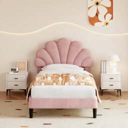 3Ft Single Upholstered Velvet Bed Frame, With Solid Wood Slat, No Box Spring Needed, Easy Assembly, Pink