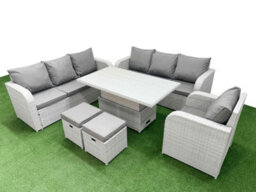Fimous 9 Seater Poly Rattan Outdoor Garden Furniture Adjustable Lifting Dining Or Coffee Table Sofa Set Stools Light Grey - thumbnail 2