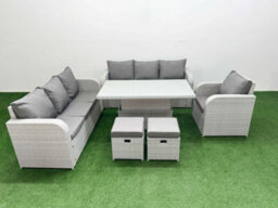 Fimous 9 Seater Poly Rattan Outdoor Garden Furniture Adjustable Lifting Dining Or Coffee Table Sofa Set Stools Light Grey - thumbnail 1