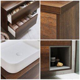 Homestylestore Dark Oak 1000mm Wall Hung Bathroom Vanity Unit With Rectangular Chalk Countertop Basin - thumbnail 2