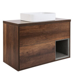 Homestylestore Dark Oak 1000mm Wall Hung Bathroom Vanity Unit With Rectangular Chalk Countertop Basin - thumbnail 1