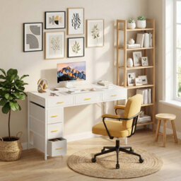 Precision Synergie Computer Desk With Drawers, 120 X 50 Cm Reversible Home Office Desk With Storage, White - thumbnail 2