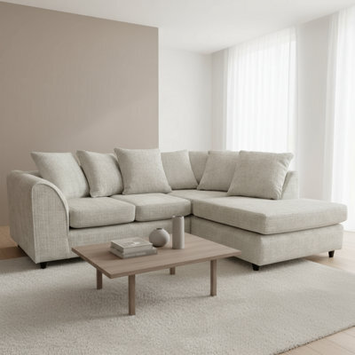 Abakus Direct Jumbo Chenille Corner Sofa In Stone Grey Right Facing With Plush Chaise Extension - image 1