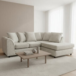 Abakus Direct Jumbo Chenille Corner Sofa In Stone Grey Right Facing With Plush Chaise Extension