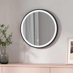 Emke Round Bathroom Led Mirror Backlit Makeup Mirror With Touch, Leather, Dustproof, Black 500mm