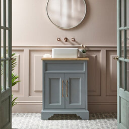 Homestylestore Light Grey And Oak 645mm Bathroom Vanity Unit With Square Countertop Basin And Brushed Copper T Bar Handles - thumbnail 1