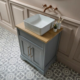 Homestylestore Light Grey And Oak 645mm Bathroom Vanity Unit With Square Countertop Basin And Brushed Copper T Bar Handles - thumbnail 2