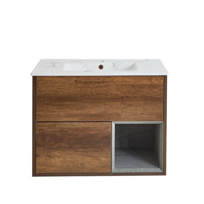 Homestylestore 812mm Dark Oak Wall Hung Bathroom Vanity Unit Led Lit Open Shelf Marble Effect Basin - image 1