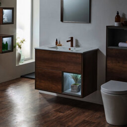 Homestylestore 812mm Dark Oak Wall Hung Bathroom Vanity Unit Led Lit Open Shelf Marble Effect Basin - thumbnail 3