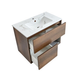 Homestylestore 812mm Dark Oak Wall Hung Bathroom Vanity Unit Led Lit Open Shelf Marble Effect Basin - thumbnail 2