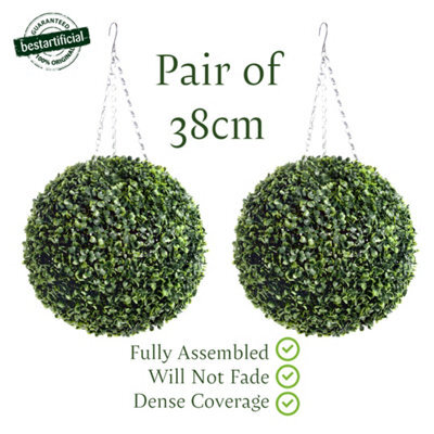 Pair Of Best Artificial 38Cm Green Boxwood Buxus Grass Hanging Basket Topiary Ball - Suitable For Outdoor Use - image 1