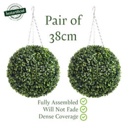 Pair Of Best Artificial 38Cm Green Boxwood Buxus Grass Hanging Basket Topiary Ball - Suitable For Outdoor Use