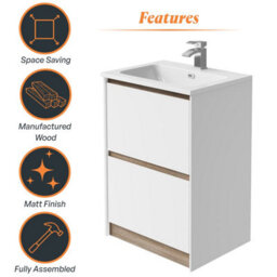 Plum&clay Norton White & Oak Freestanding Vanity Unit & Basin Set Bathroom Furniture (W)600mm (H)855mm - thumbnail 5
