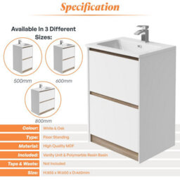 Plum&clay Norton White & Oak Freestanding Vanity Unit & Basin Set Bathroom Furniture (W)600mm (H)855mm - thumbnail 4