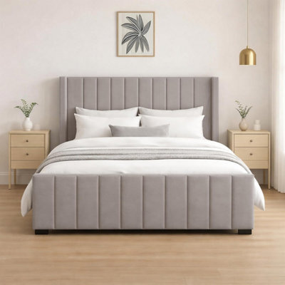 Naples Upholstered Silver Vertical Line King Size Bed Frame, Modern Luxury Floor-Standing Headboard & Footboard - image 1