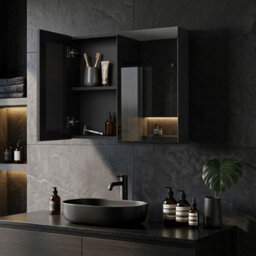 Wyld And Coco Handleless Black Plywood Bathroom Mirror Cabinet 60 X 60 Cm, Wall-Mounted Double Door - thumbnail 2