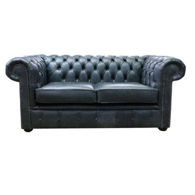 Chesterfield Handmade 2 Seater Sofa Settee Cracked Wax Black Real Leather In Stock - image 1
