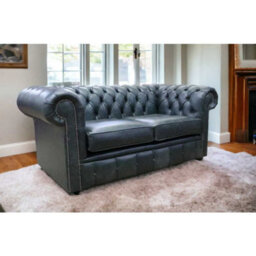 Chesterfield Handmade 2 Seater Sofa Settee Cracked Wax Black Real Leather In Stock - thumbnail 6