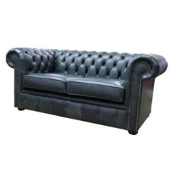 Chesterfield Handmade 2 Seater Sofa Settee Cracked Wax Black Real Leather In Stock - thumbnail 5