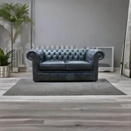 Chesterfield Handmade 2 Seater Sofa Settee Cracked Wax Black Real Leather In Stock - thumbnail 4