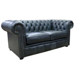 Chesterfield Handmade 2 Seater Sofa Settee Cracked Wax Black Real Leather In Stock - thumbnail 3