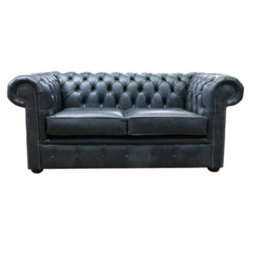 Chesterfield Handmade 2 Seater Sofa Settee Cracked Wax Black Real Leather In Stock - thumbnail 1