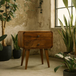 Wyld Haus Ostuni Curved Mango Wood Chestnut Bedside Table 2 Drawers - thumbnail 1