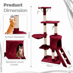 STALWART 138Cm Red Cat Tree Tower With Condos, Scratching Posts, Ladder And Multilevel Activity Centre - thumbnail 2