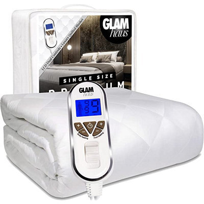 Glamhaus Single Size Electric Blanket - Fitted Mattress Bed Cover - White Diamond Quilted - Settings For Feet And Body, Timer - image 1