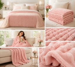 ARLinens Fluffy Fleece Blanket Ribbed For Bed Throw Blanket Reversible Multi Sizes 350Gsm (Pink, King) - thumbnail 4