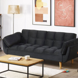 Wyld And Coco 3-Seater Convertible Sofa Bed In Black Velvet With Biscuit Padding And Rubberwood Legs - thumbnail 2