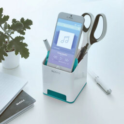Leitz Wow White Ice Blue Plastic Home Office Desktop Storage Organiser Square Sound Boosting Pen Pencil Stationery Tidy Holder Pot - thumbnail 2
