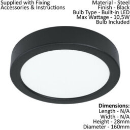 Sleek Black 160mm Round Led Wall And Ceiling Light - 10.5W, 3000K Warm White - thumbnail 2