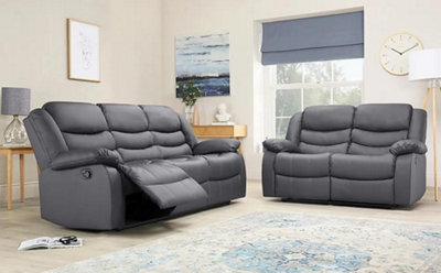 Roma Leather Manual Recliner 3+2 Seater Sofa With Cupholders In Grey Colour - image 1