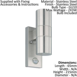 2 Pack Ip44 Waterproof Outdoor Wall Lights With Pir Motion Sensor - Stainless Steel Gu10 - thumbnail 2